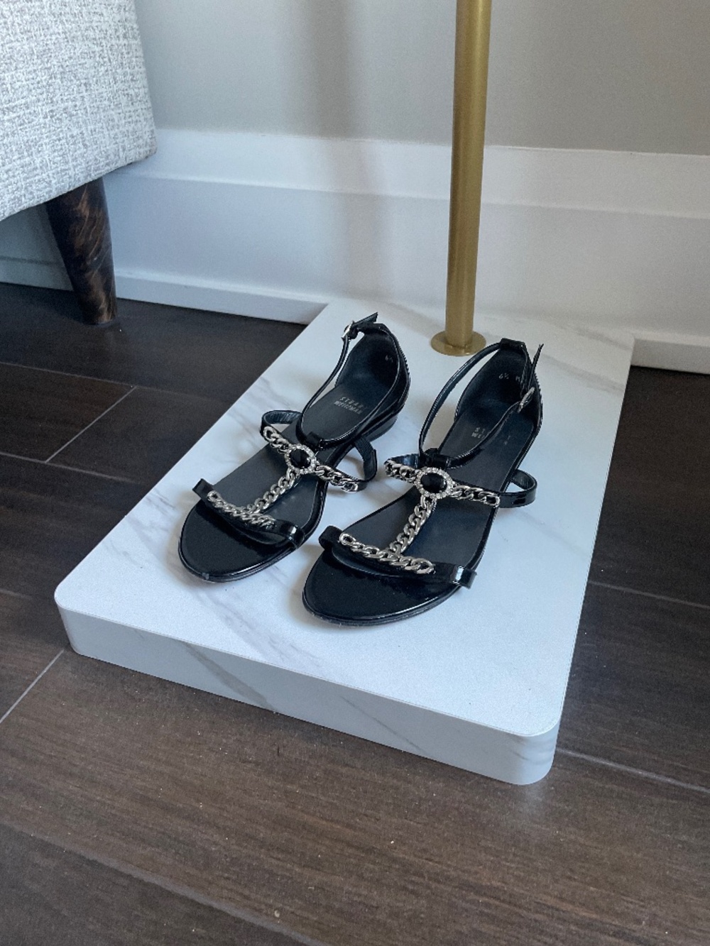 Stuart Weitzman Sandals w/ Chain and Jewel Detail
